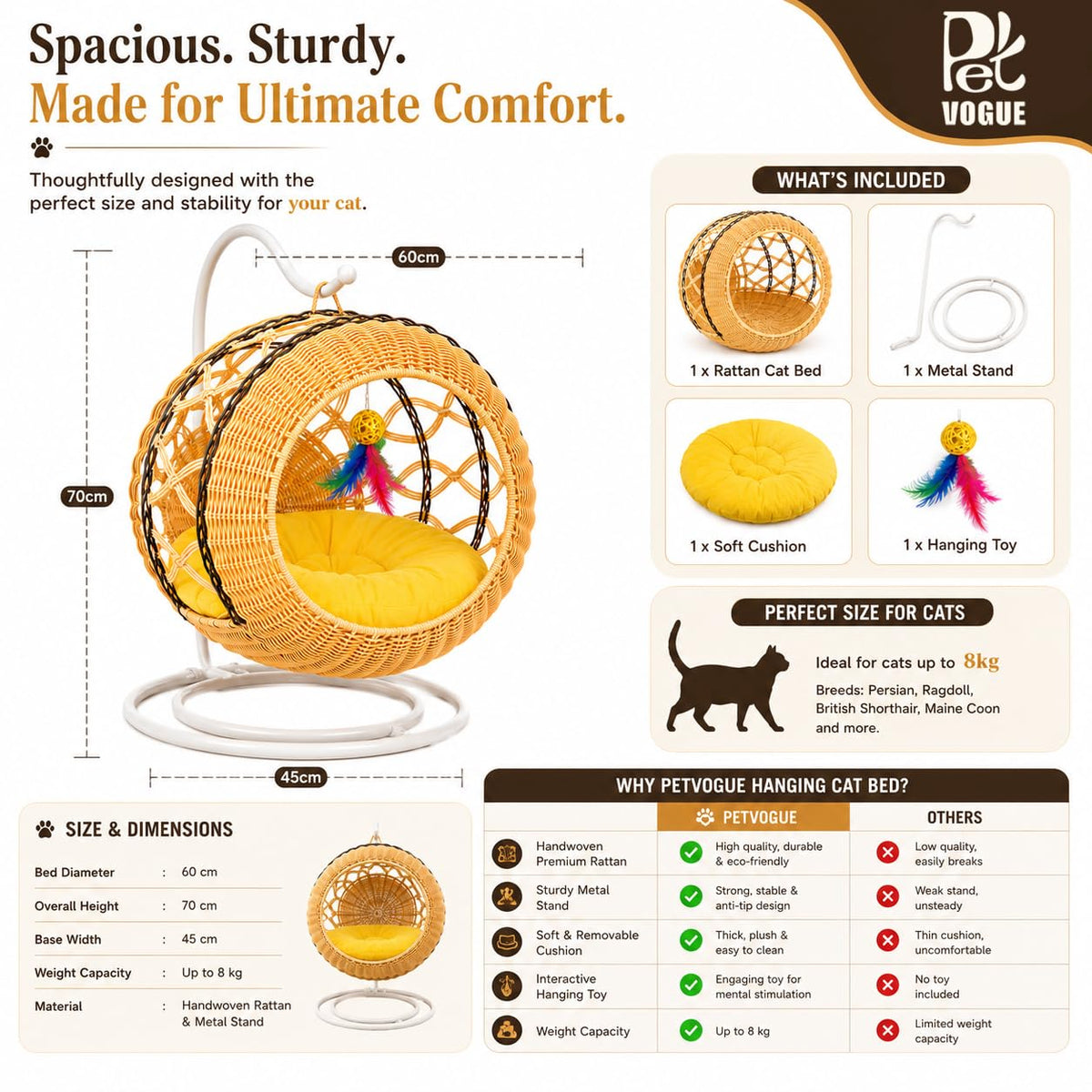 PetVogue Hanging Cat Bed with Metal Stand Soft Cushion & Hanging Toy for Cats &Small Pets