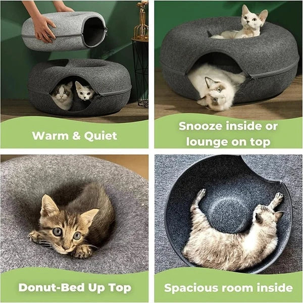 Cat Donut Tunnel Round Enclosed Solid Bed with Felt Material for Cats-M