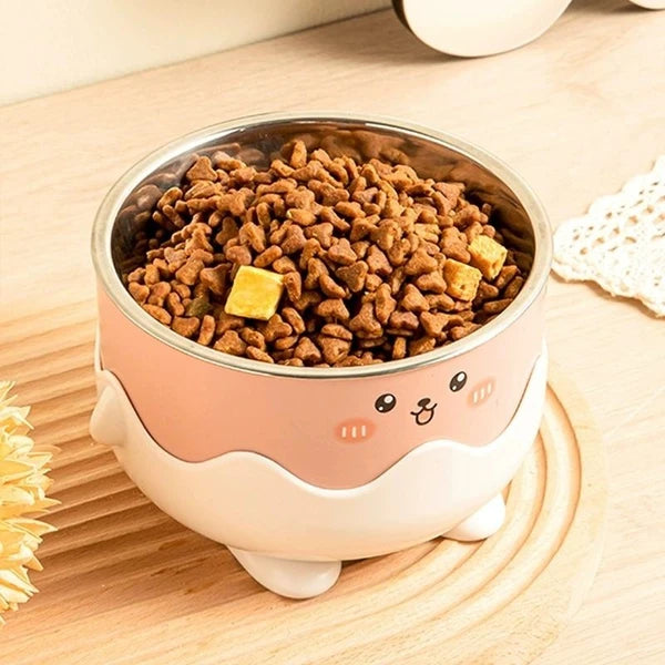 Cute Cartoon Pet Feeding Bowl with Stainless Steel Bowl for Cats & Small Dogs